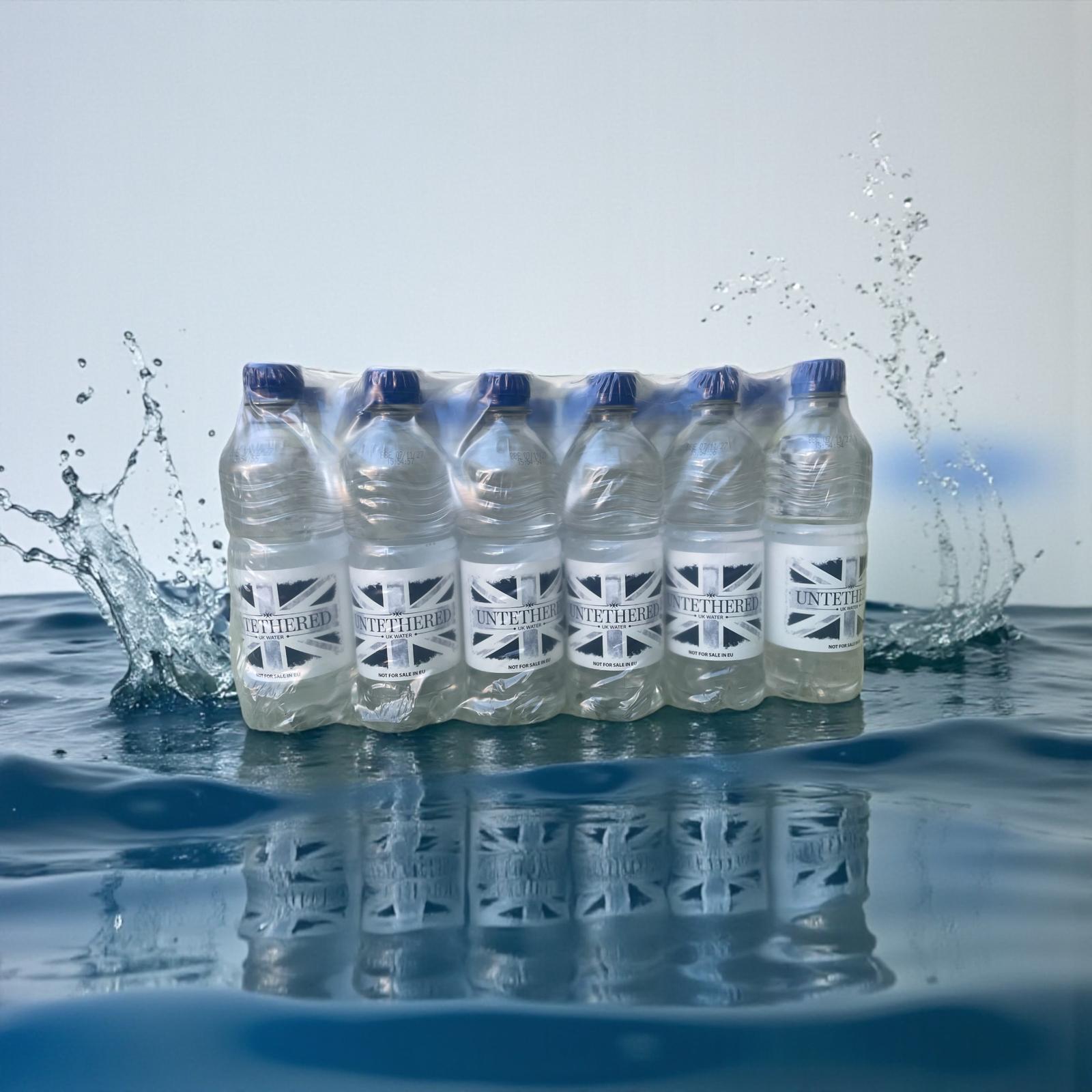 Pack of Untethered UK Water bottles with water splash